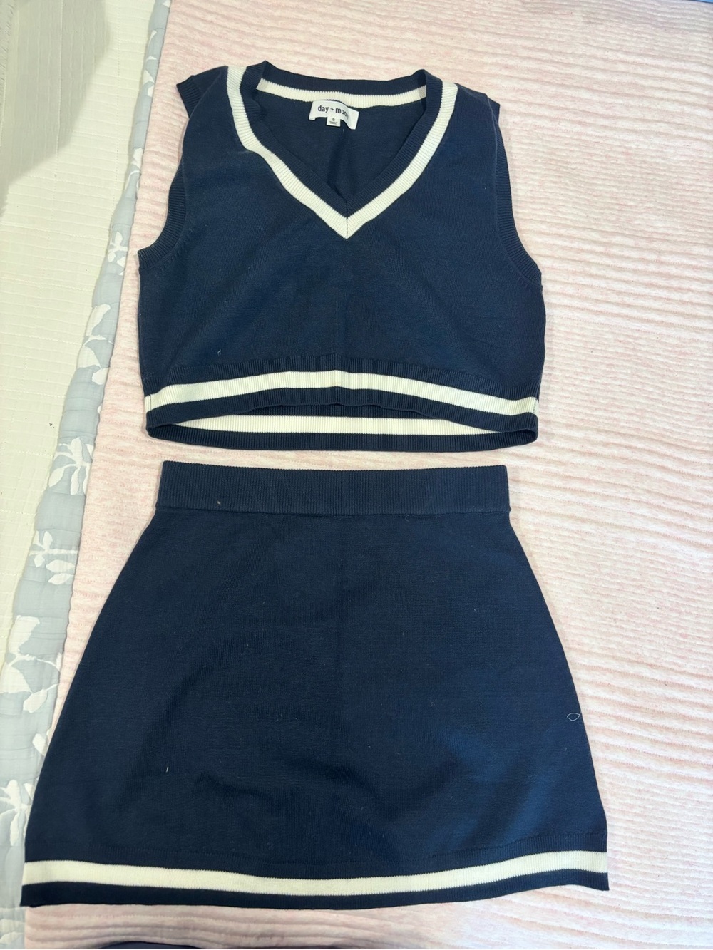 Navy Knit Skirt Set with Cream Trim - Day & Mood